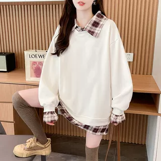 美式复古假两件拼接格子卫衣女2026秋新款小个子polo翻领上衣女潮