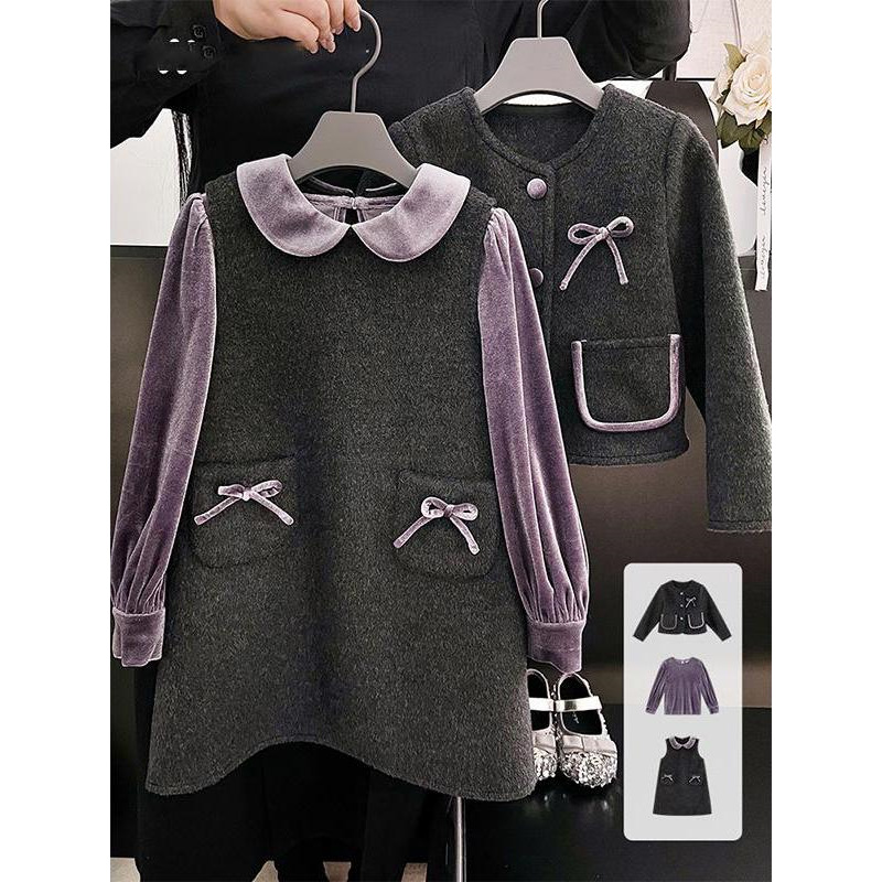 여자 가을, 겨울 XIAOXIANG 정장 2024 새로운 양면 모직 인형 칼라 조끼 스커트 여자 유행 투피스 세트