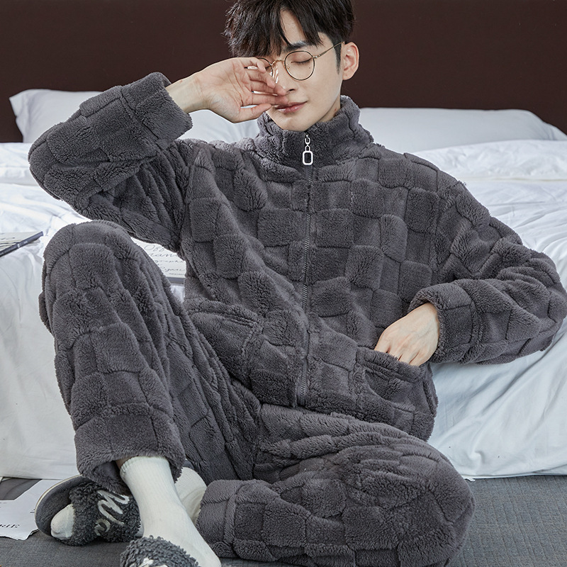 Distribution and Distribution of Flannel Pajamas for Men in Autumn and Winter New Style Stand-Up Collar Zipper Can Be Worn Outside Coral Velvet Home Clothes