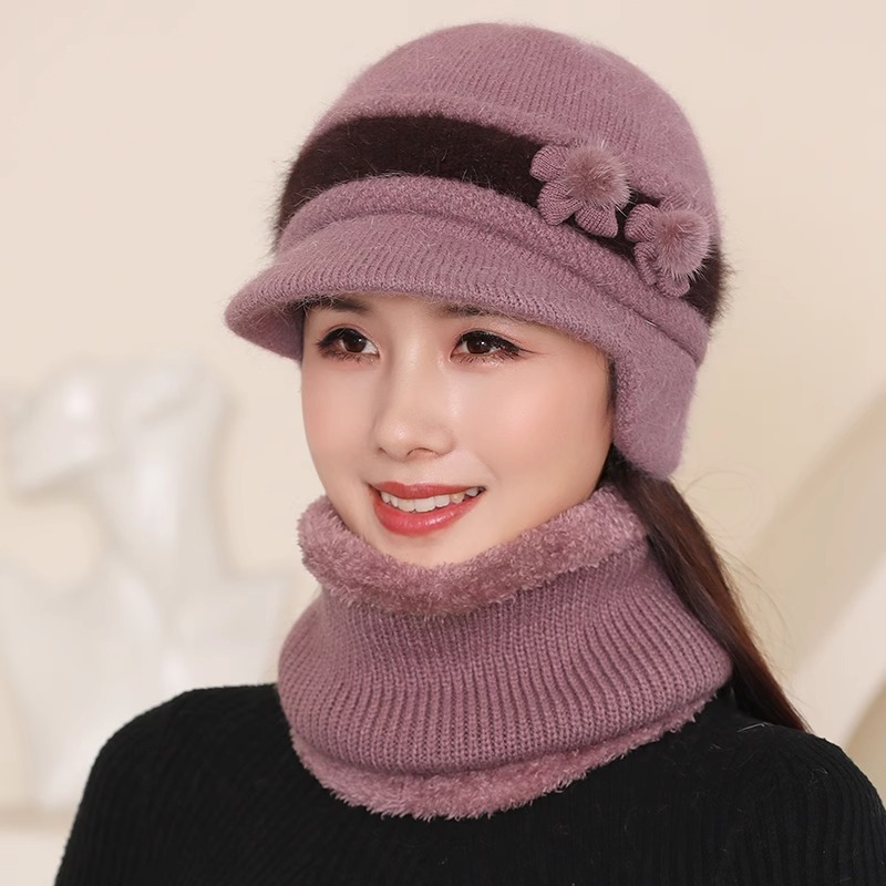 妈妈帽子女款秋冬季加绒厚保暖中老年人奶奶老太鸭舌护耳兔毛线帽