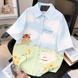 森女部落polo衫印花度假风穿搭短袖花衬衫女夏季衬衣外套上衣外贸