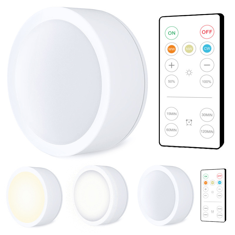 Wireless Led Remote-Controlled Puck Light, Dimmable, Battery-Powered, 3-Color Adjustable, Touch-Sensitive Night Light for Home Use