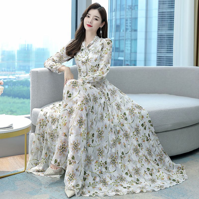 2025 Spring and Autumn Women's Long Sleeve Dress Jacquard Chiffon Super Fairy Waist Beach Swing Bow Extra Long Skirt
