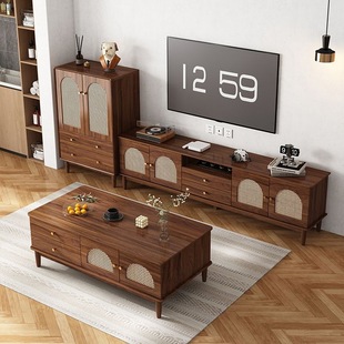 Rattan TV Cabinet Coffee Table Combination Living Room 2024 New Floor Modern Simple Household Storage Cabinet