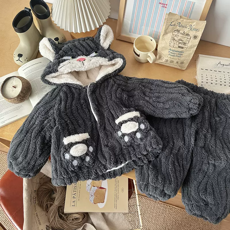 【现货】DT256352儿童加绒加厚家居服套装2025冬季连帽卡通童套装