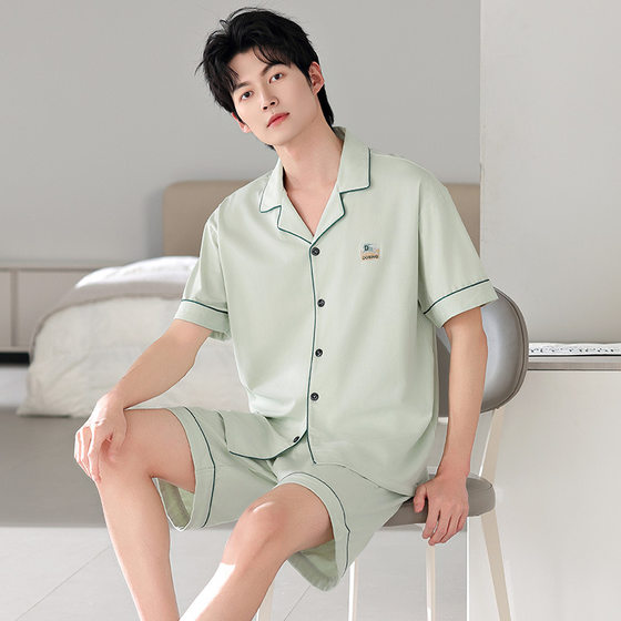 100% Cotton Pajamas Men's Summer Thin Short-sleeved Cardigan Loose Casual Outwear Cotton Home suit