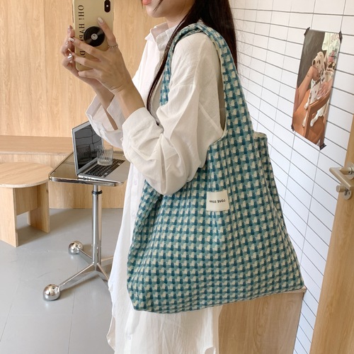 28161 Korean style refreshing lake blue vest bag fashionable plaid woven portable shoulder bag student class bag