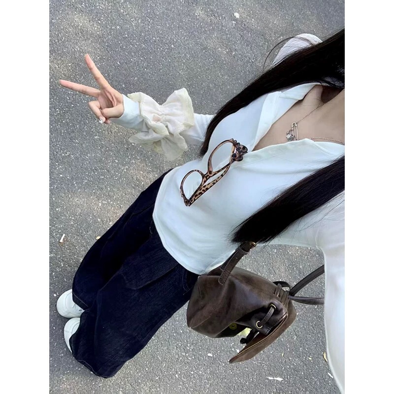 2025新款半开领纽扣打底衫长袖女秋季白色内搭辣妹修身设计感上衣|undefined
