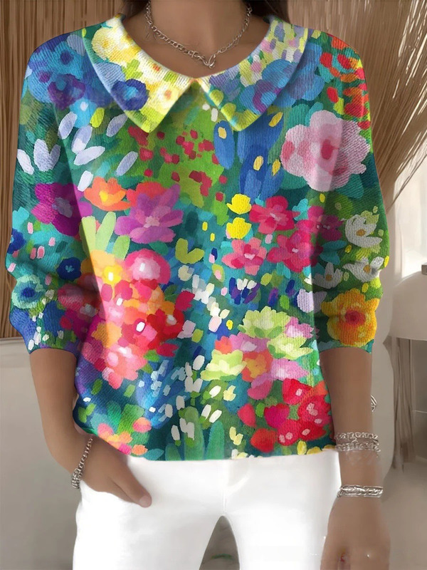 跨境美系法式荷叶边印花小花毛衣开衫女装休闲防针织衫高级感上衣|undefined