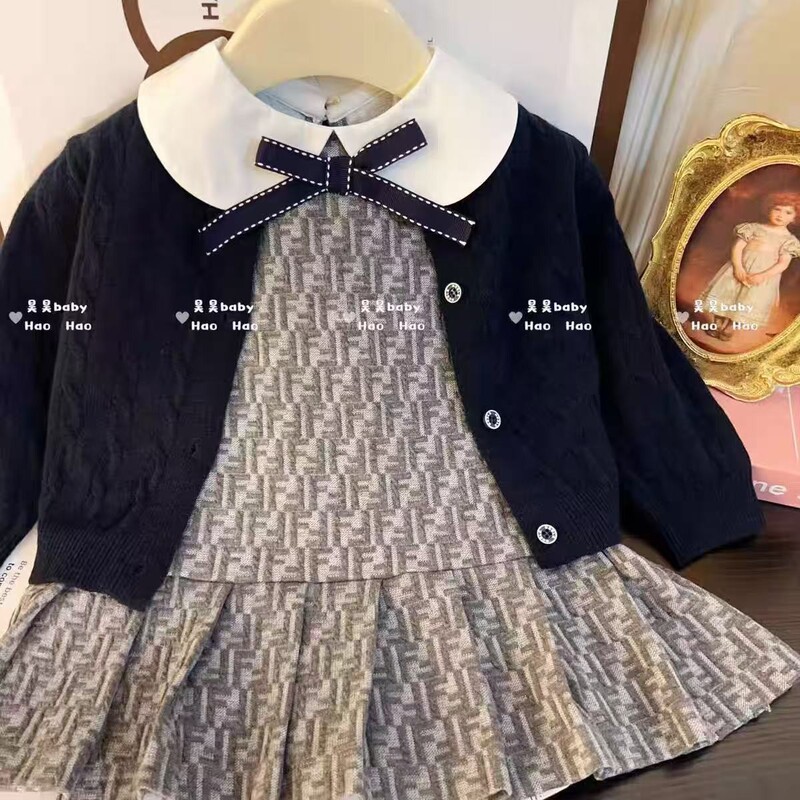 英伦学院风！2025女童秋季套装针织开衫娃娃领背心裙两件套31091|undefined