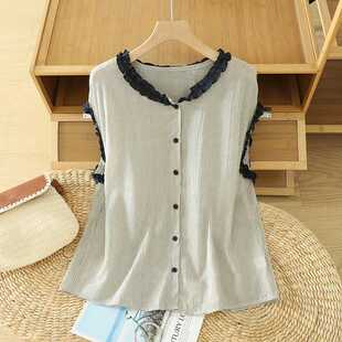 Real Shot of Retro Literary Style Vertical Striped Cotton and Linen Shirt for Women in Summer with Ear-Shaped Splicing Round Neck Loose Top