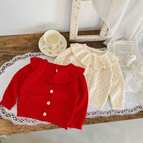  Autumn and Winter 0-3-year-old baby girl cotton knitted cardigan ruffle collar hollow long-sleeved sweater jacket