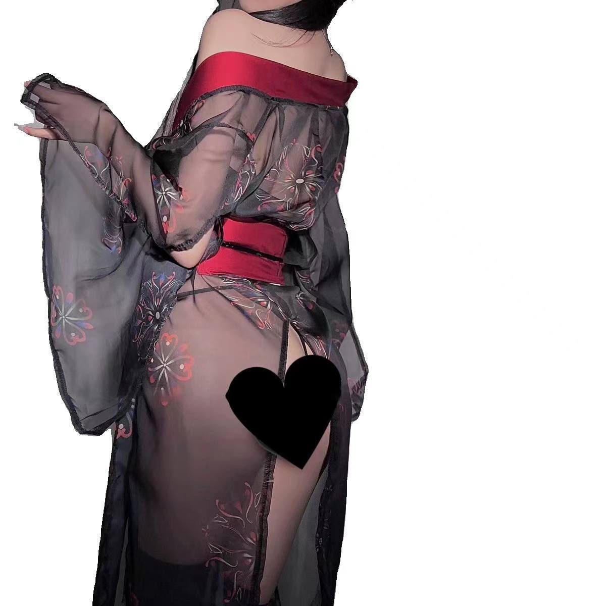 Sexy Kimono-Style Roleplay Lingerie Set with Obi Belt and Panties, Sheer Mesh — detail image 6