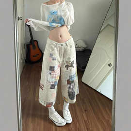 美式复古3D印花牛仔七分裤裤子女款2026夏季新款设计感宽松阔腿裤