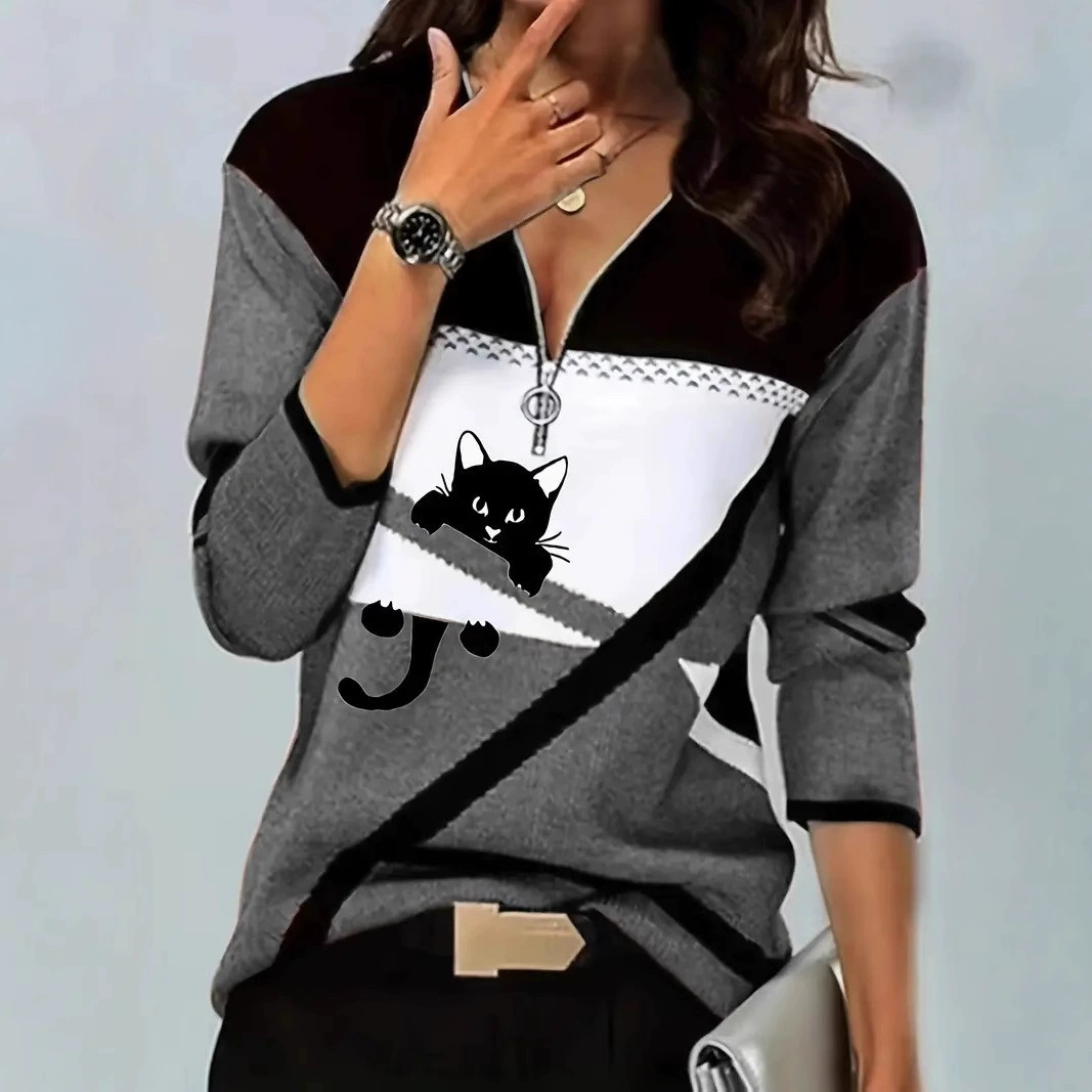 Amazon, европейская и американская трансграничная женская молния, новинка осени и зимы 202, рубашка ПОЛО, свободная повседневная футболка с длинными рукавами