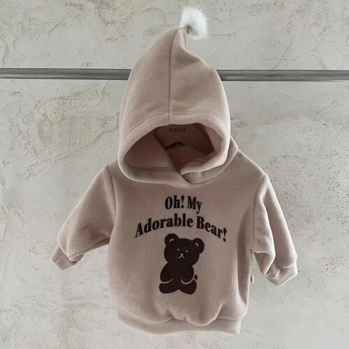 ins Korean style infant red velvet pointy hat Christmas and New Year clothes for boys and girls cute bear hooded sweatshirt
