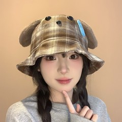 日系流汗小狗格纹渔夫帽女宽帽檐大脸显脸小盆帽大头围遮阳帽子
