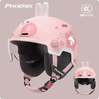New Model Children's Electric Vehicle: Motorcycle Safety Supplies - 3c-pink-flower-rabbit-with-rabbit-ears-short-lenses-four-season-ear-protection-detachable