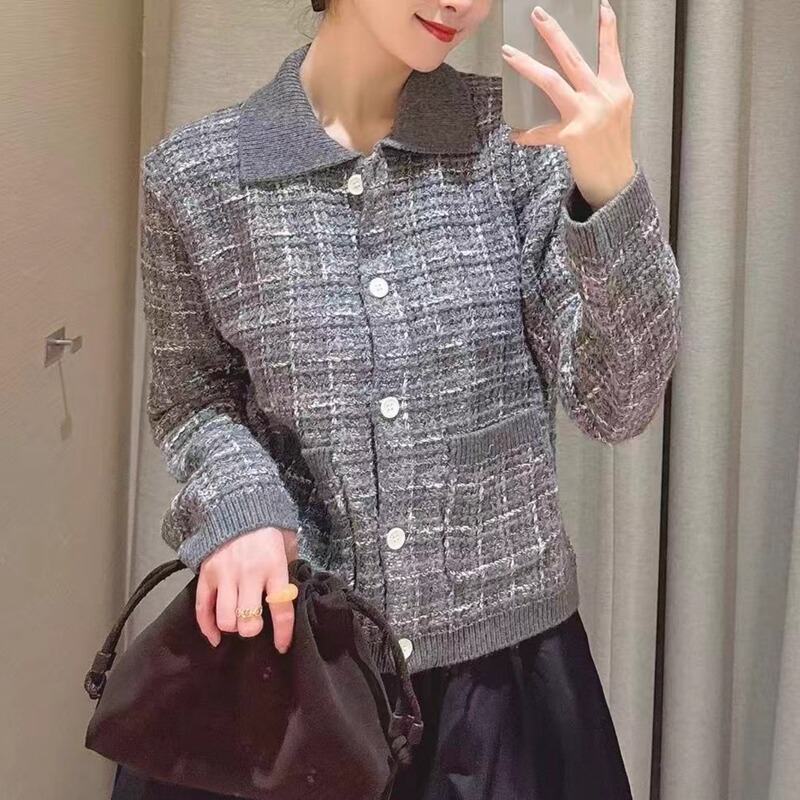 Thousand-Yuan Quality Wool Cashmere Loop Yarn Tweed Lapel Knitted Cardigan for Women + Vest Winter