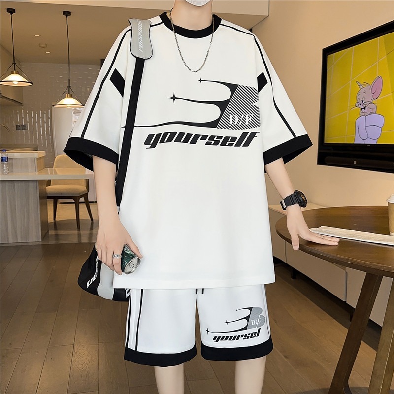 Spot Wholesale Summer Trendy Loose Youth Short-Sleeved Shorts Two-Piece Set High Elastic Comfortable Casual Sports Suit