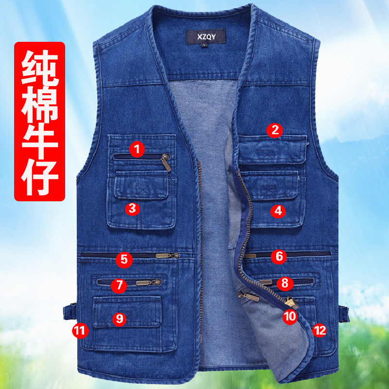 Pure Cotton Denim Vest plus size Men's Multi-Pocket Casual Loose Vest V-Neck Cardigan Jacket Top