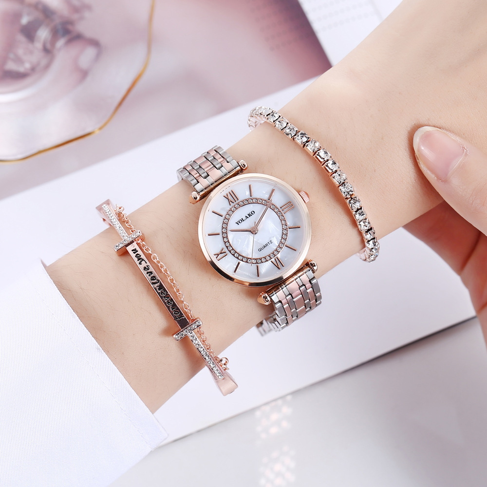 Relógio de quartzo com mostrador simples e personalidade, tendência da moda, temperamento, contraste de cores, pulseira de aço (3 peças/conjunto)_voghion.com