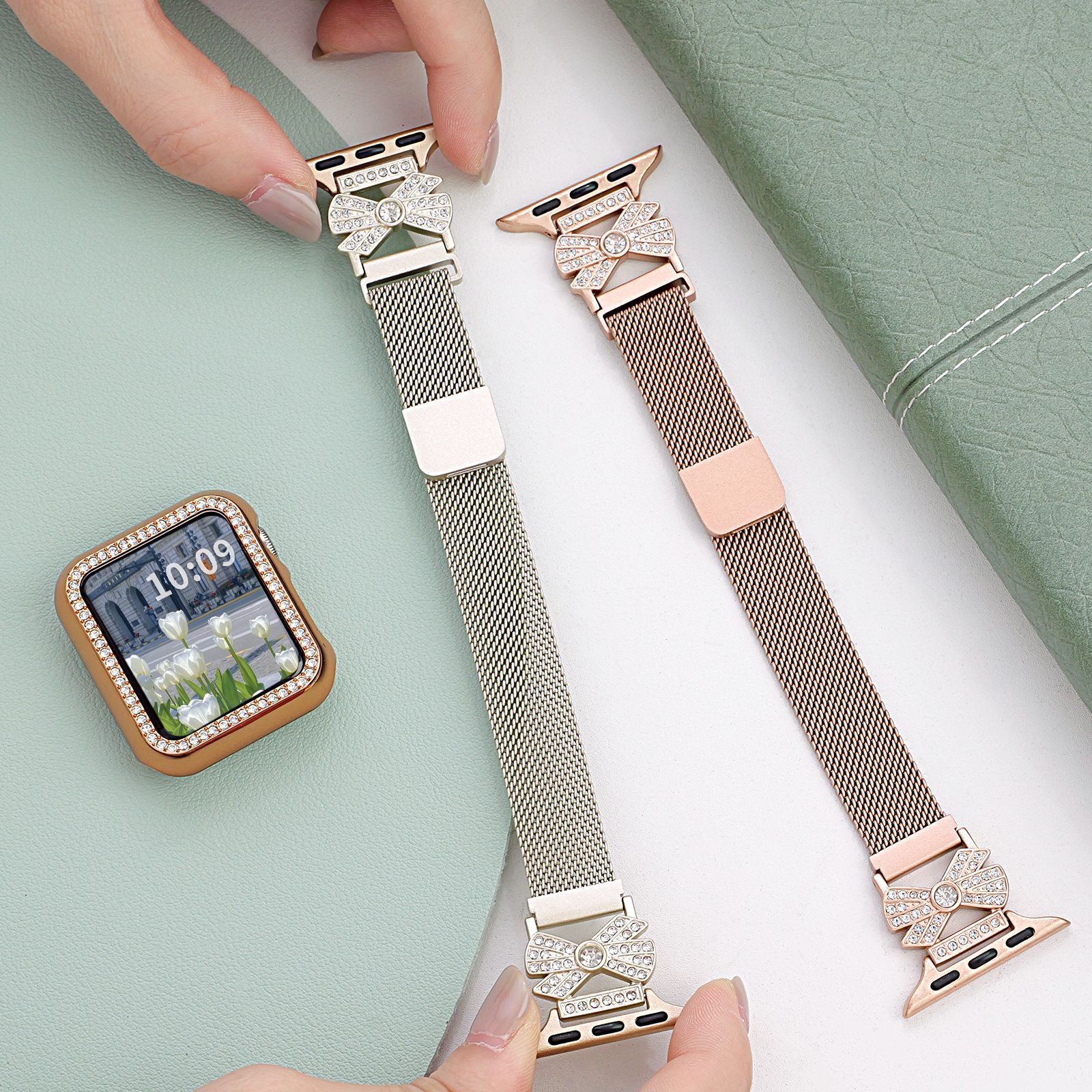 Suitable for Applewatch Apple Metal Watch Strap Milanese Stitching Bow Magnetic Women's Watch Strap