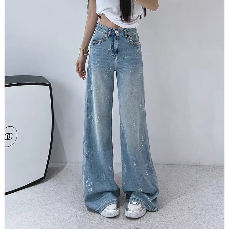 Hot Drilling Denim Straight Leg Pants Women's 2025 Spring New High Waist Loose Slim European Pendant Lasting Pants