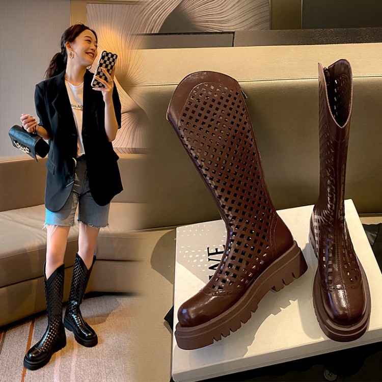 Boot nữ da bò đế dày cổ cao ống lưới — Màu nâu ống lớn, Màu đen cổ ống lớn, Ống nhỏ màu đen, Chu vi ống lớn màu trắng Be chi tiết 4