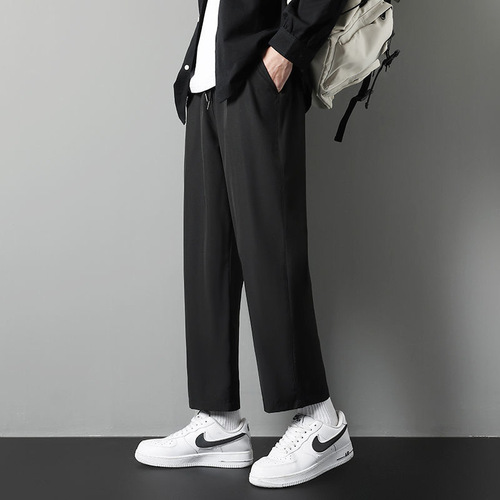 Men's straight-leg ice silk pants, trendy loose and versatile, solid color casual summer thin model, brand name, drooping 9/10 pants
