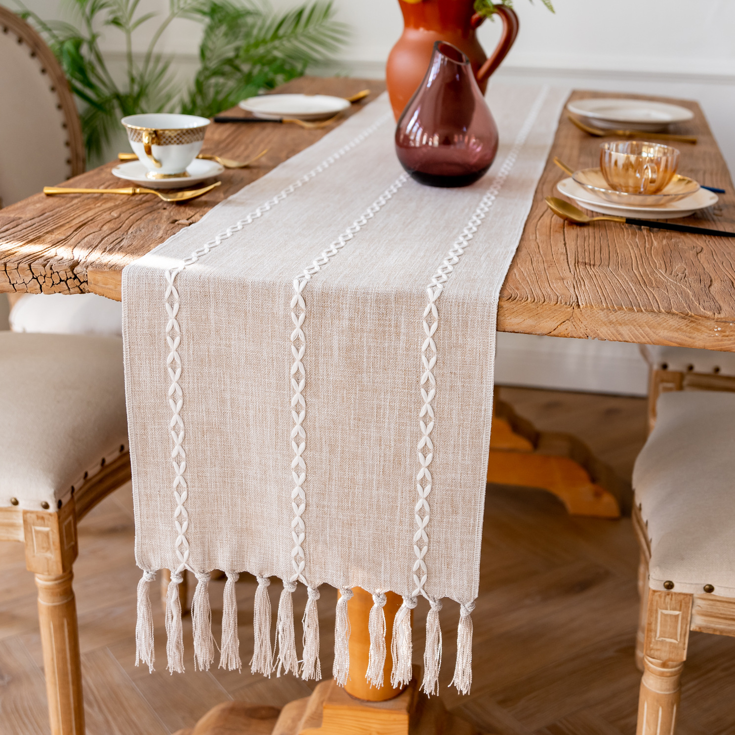 Lexiang 비 홀 다크 브라운 수제 테이블 러너