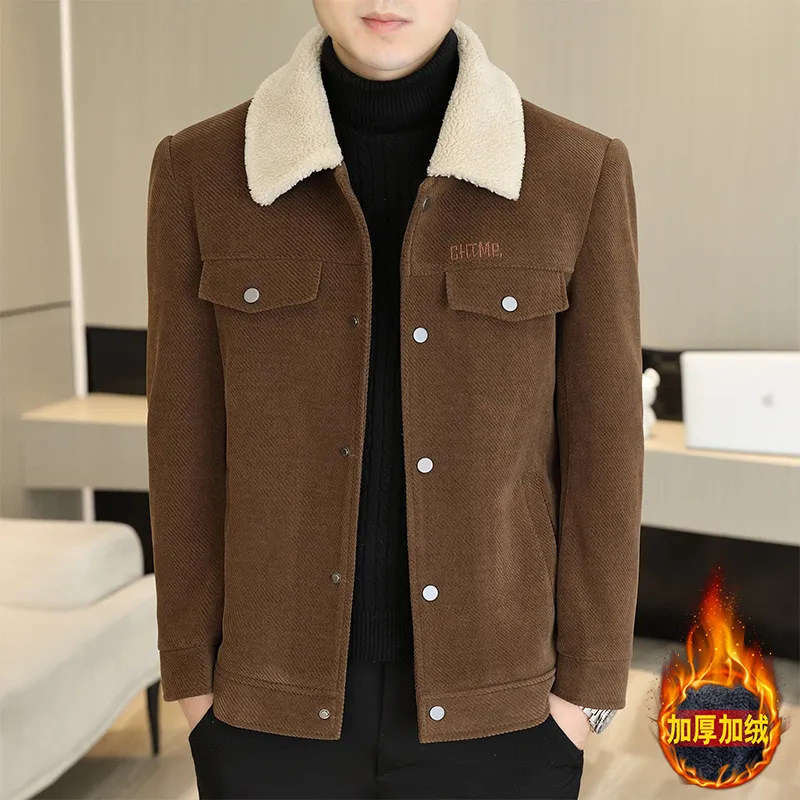Men's Autumn and Winter Lapel Jacket Pure Color with Fur Collar Cashmere Woolen Jacket Fleece-Lined Warm Middle-Aged Coat