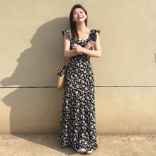 黑色荷叶边小碎花印花飞飞袖气质赫本风连衣裙女夏淑女度假长裙子