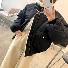 韓國羊羔絨棒球服女冬寬松bf大碼機車風立領皮扣加厚保暖棉服外套