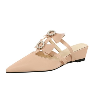 599-30 slope heel height increasing cool mop for women, wearing pointed pearl bow with hollow out nude color, versatile 