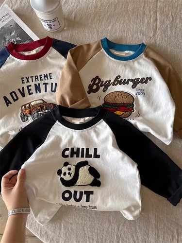 2025 Spring Collection Embroidered Children's T-shirt for Boys, Long Sleeve Spring Outfit, 100% Cotton Base Layer Shirt, Multi-Color for Kids