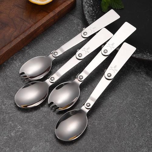 304 stainless steel foldable spoon, travel convenient spoon and fork integrated three-fold spoon, two-piece tableware set