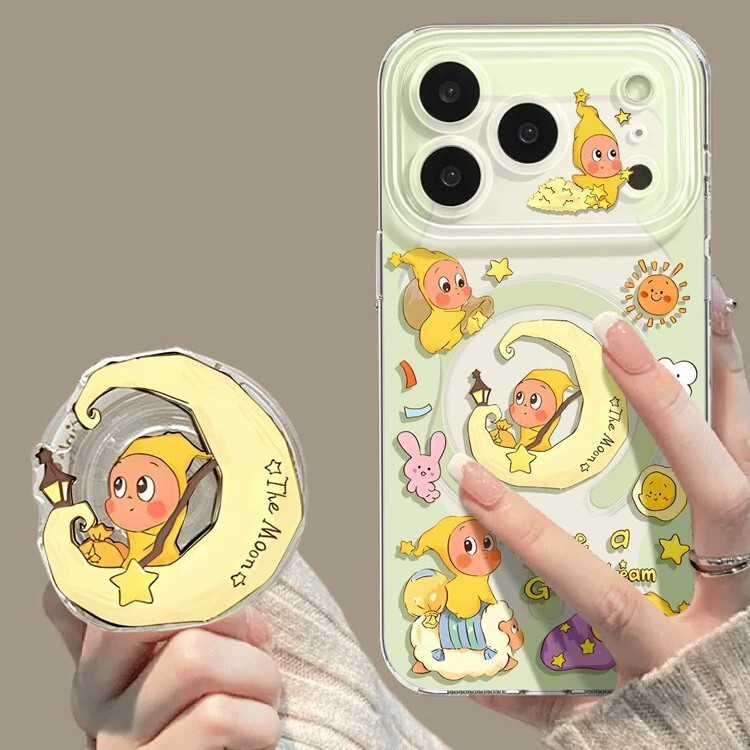 Moon Doll Phone Case with Stand Suitable for iPhone 17 Pro Max, Apple 16 Pro Max, Magnetic 15, Summer 14 Series