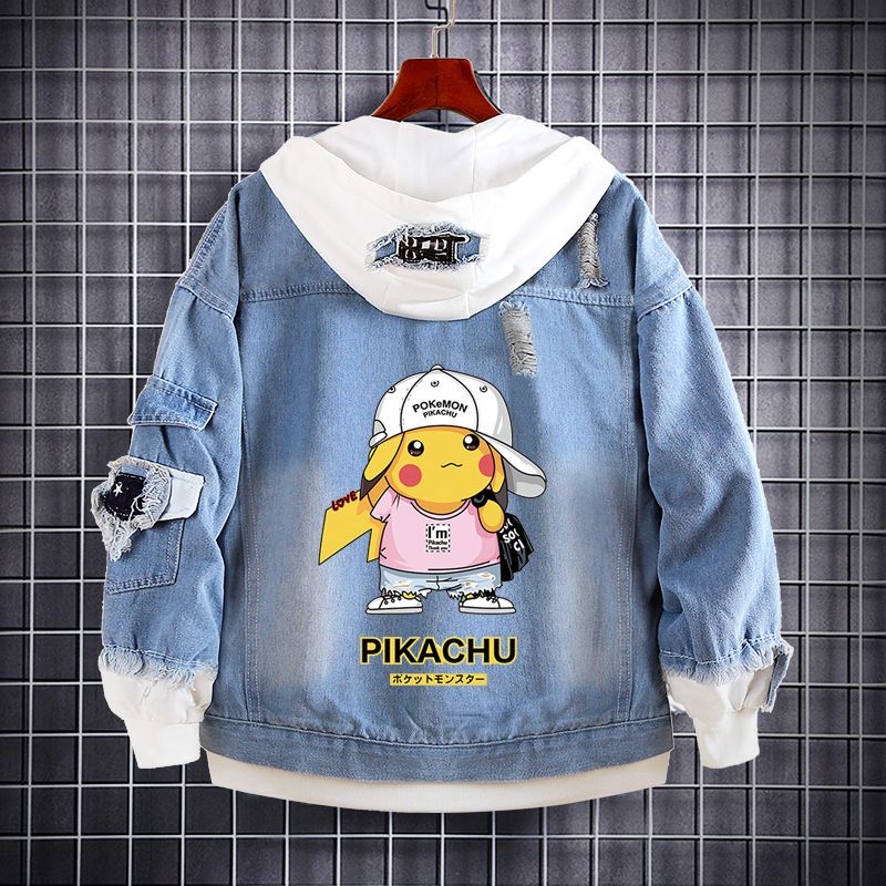 Spring and Autum Hong Kong Style Pikachu Anime Denim Sweatshirt for Men and Women, Loose and Versatile Jacket, Trendyy Casual Denim Jacket
