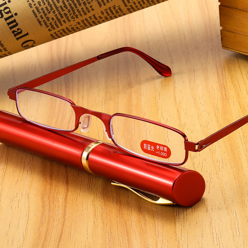 New reading glasses anti-blue light pen holder super elastic reading glasses small frame portable old mini glasses with box metal glasses