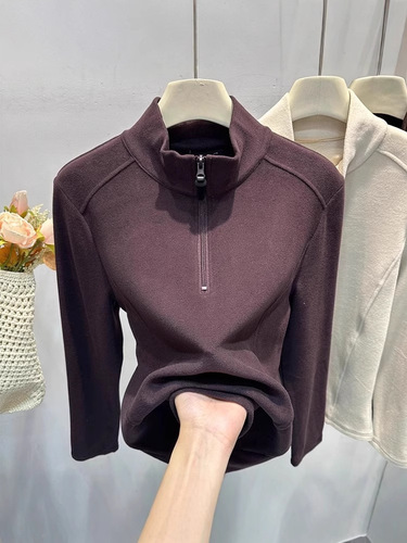 Half-Open Collar Zipper Fleece Base Shirt for Women Autumn/Winter Slimming Sweatshirt with Plush Warm Stand-up Collar Sweatshirt Thick T-shirt