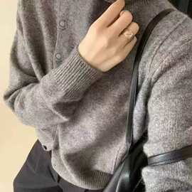 【鱼骨包扣】半高领厚款单排扣小个子慵懒针织开衫女毛衣秋冬新款