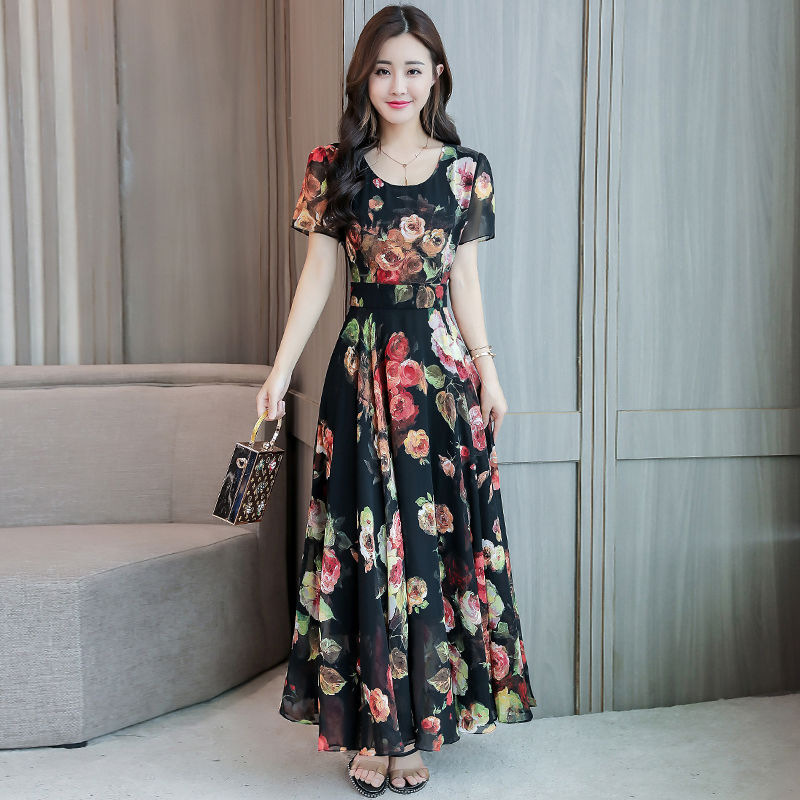 180g foot size summer Korean round neck long printed ice silk dress middle-aged plus size large skirt
