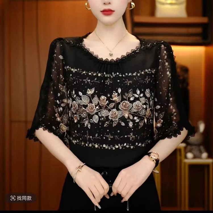一件代发2025夏季设计感时尚洋气优雅拼接花边重工烫钻短袖上衣|undefined
