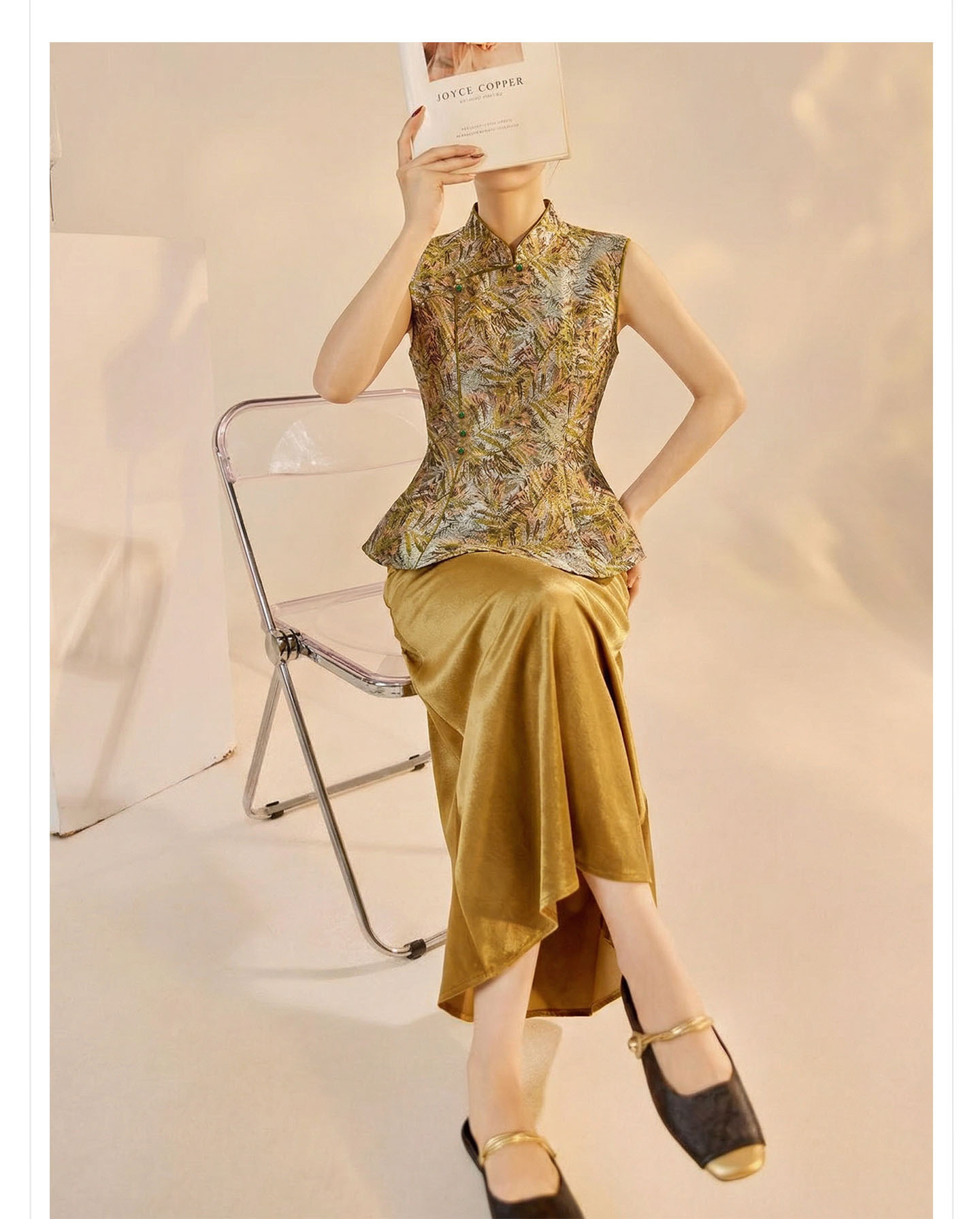 Set áo gi-lê không tay cổ đứng + chân váy midi jacquard phong cách Trung Quốc mùa hè — Màu xanh lá cây nửa váy, vàng nửa váy, Áo khoác xanh chi tiết 3