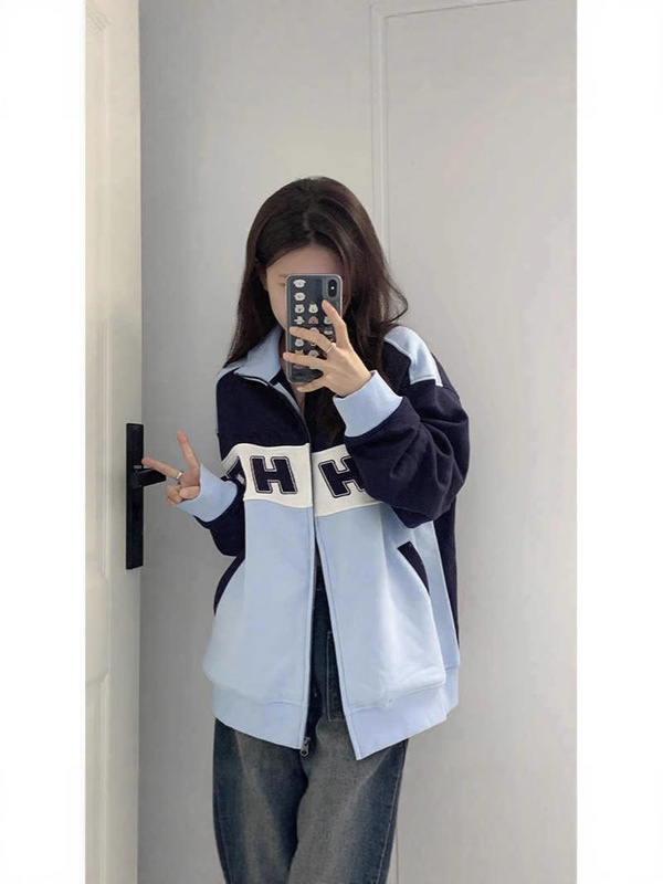 春秋薄款小众撞色oversize卫衣女小个子开衫拉链美式复古慵懒外套|undefined