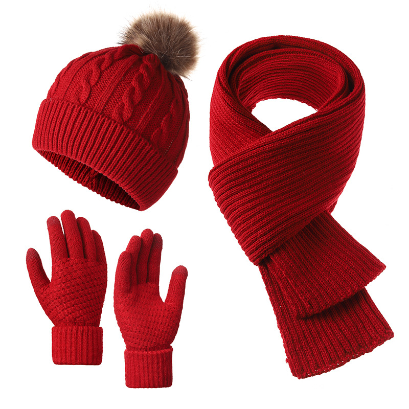 2025 nuevo regalo de Año Nuevo sombrero de lana rojo guantes bufandas mujeres otoño-invierno calentamiento gorra de pelo