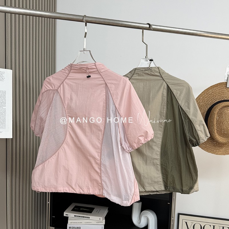 夏の女性の涼しく通気性のあるメッシュステッチコントラストカラーパーソナライズされた斜めジッパー速乾性日焼け止め半袖シャツ 8579|undefined