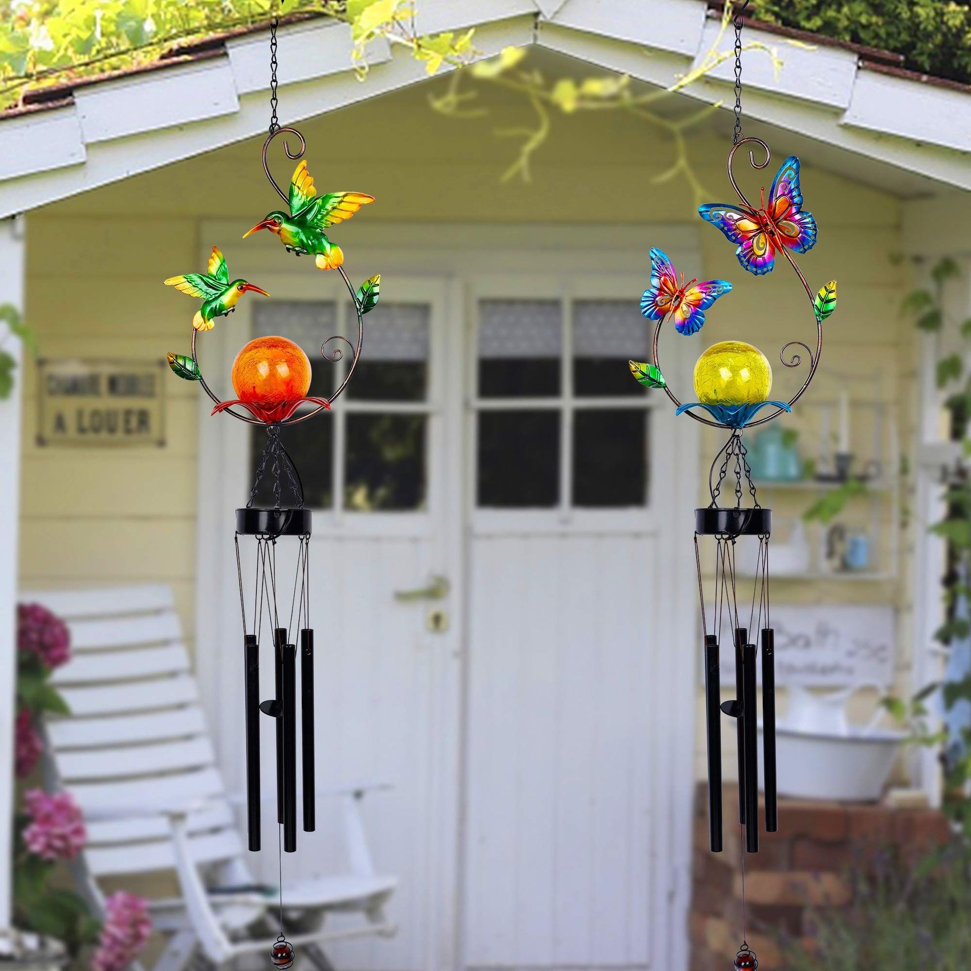 LED太阳能户外庭院装饰灯 别墅创意风铃灯 金属管蝴蝶蜂鸟铃铛灯