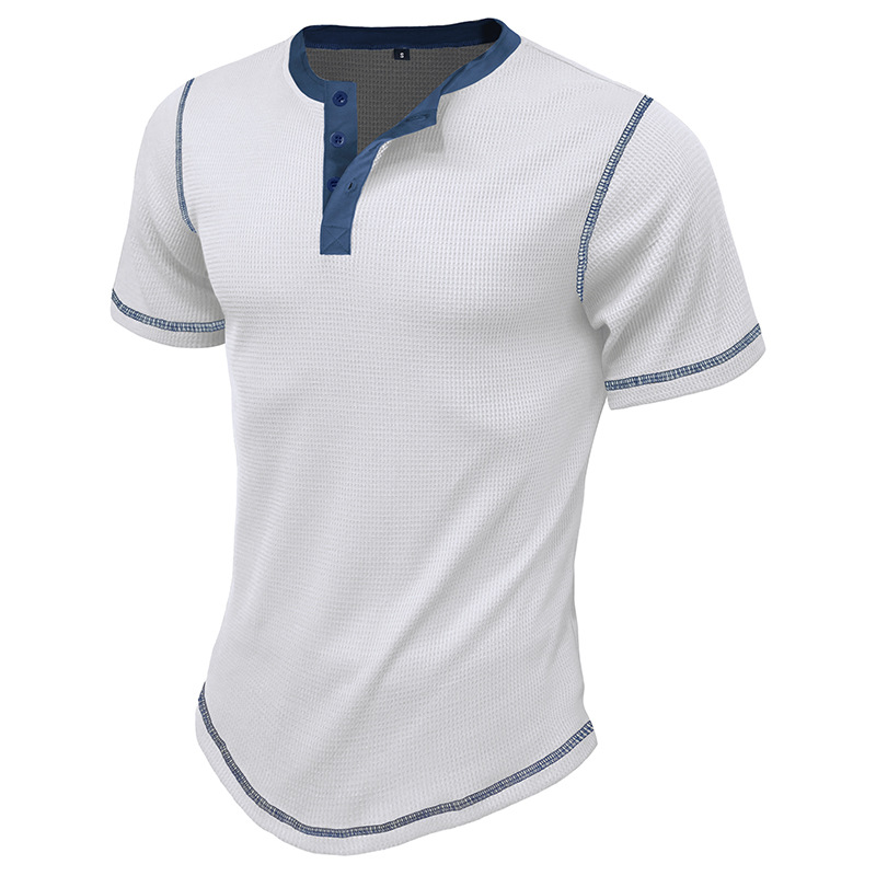 Herren 2023 Sommer Kurzarm Henley Shirt Schönes lässiges Retro T-Shirt Waffel Farbblock Rundhalsshirt_voghion.com